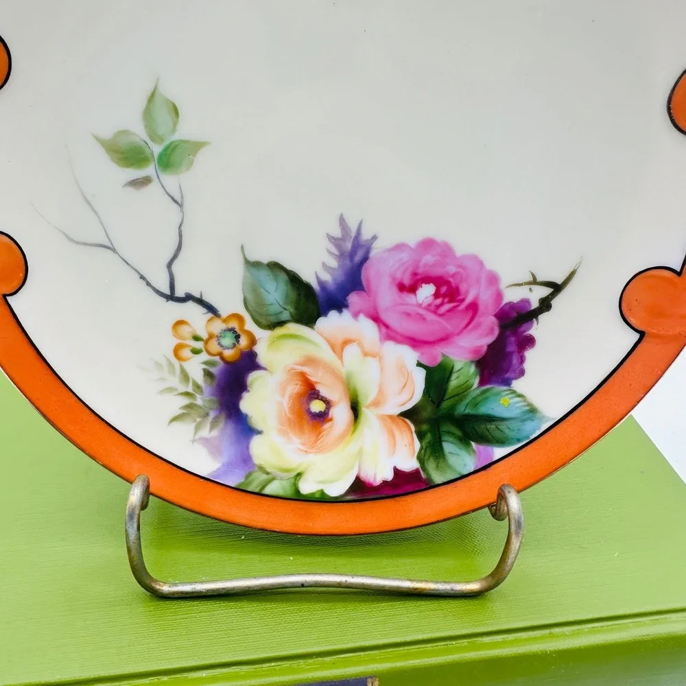 Noritake Vintage Hand Painted Floral Porcelain Handled Cake Plate Orange 7.5in